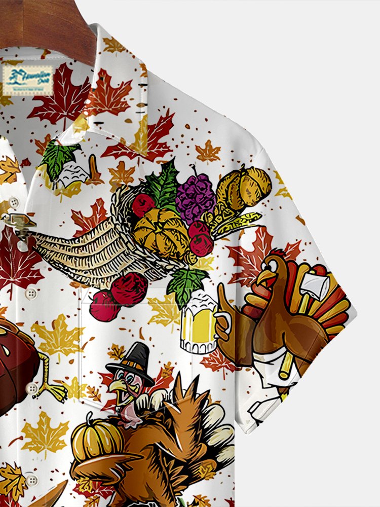 Thanksgiving Turkey Time To Get Basted Funny Beer Print  Men's Hawaiian Oversized Shirt with Pockets