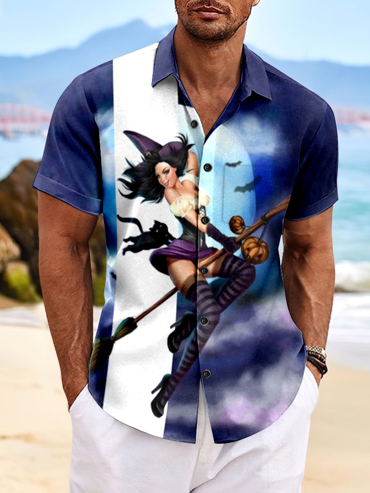 Halloween Witch Cat  Print Men's Hawaiian Bowling Shirt with Pockets