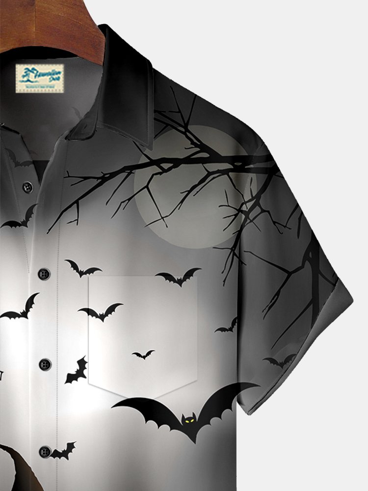 JoyMitty Scary Bat Pumpkin Print Men's Hawaiian Oversized Shirt with Pockets
