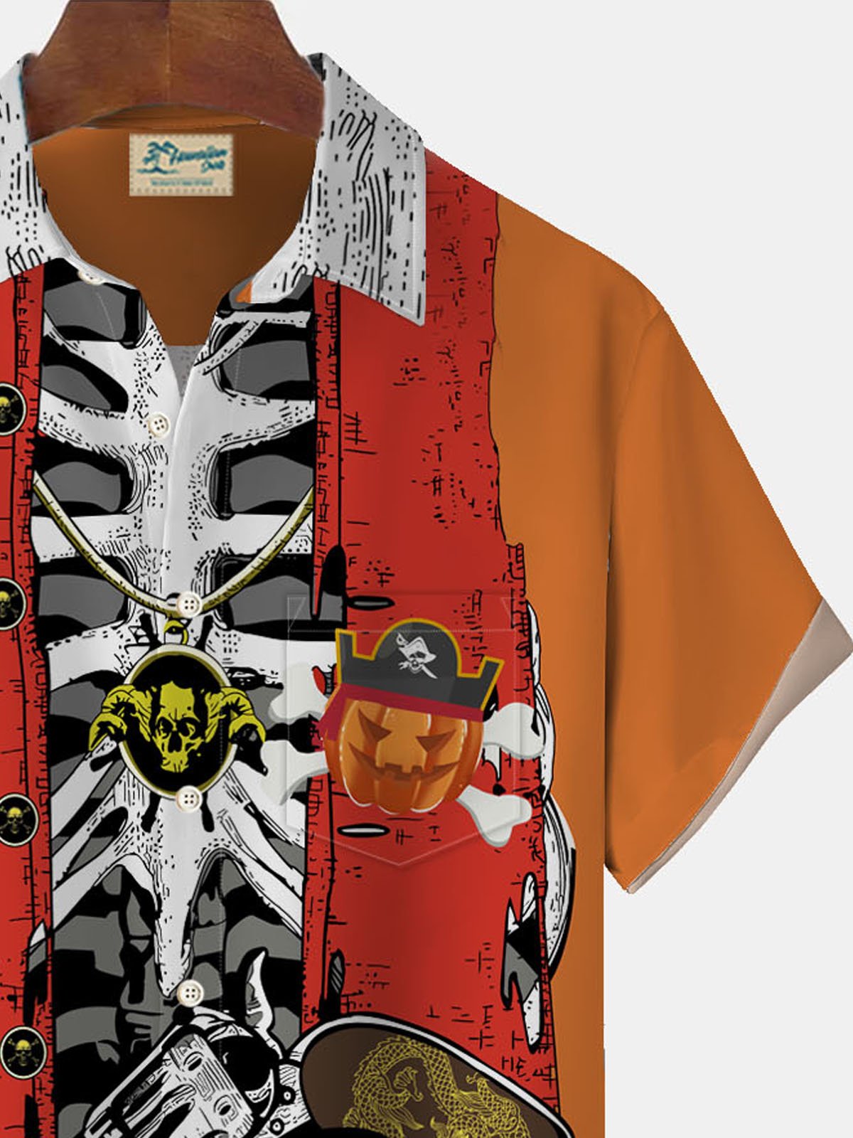 JoyMitty Halloween Denim Pumpkin Pirate Vintage Print Men's Button Pocket Short Sleeve Shirt