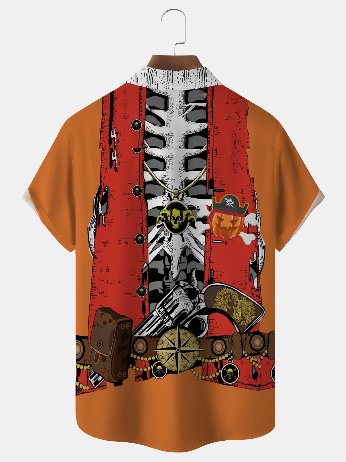 JoyMitty Halloween Denim Pumpkin Pirate Vintage Print Men's Button Pocket Short Sleeve Shirt