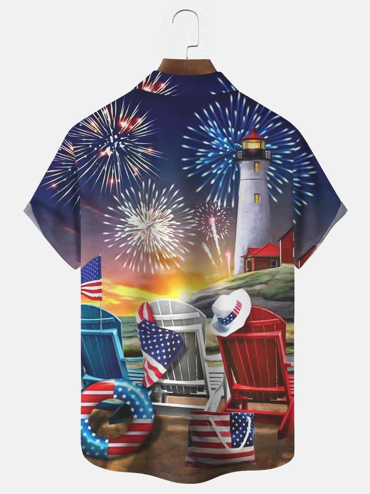 American Flag Fireworks Print Beach Men's Hawaiian Oversized Short Sleeve Shirt with Pockets