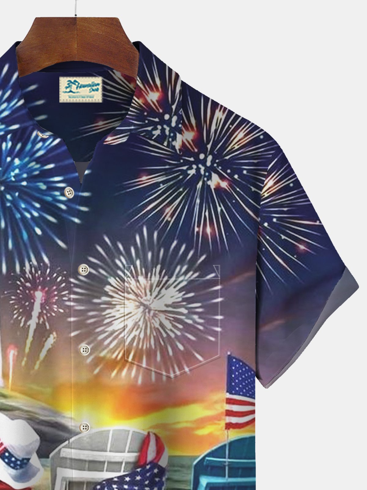 American Flag Fireworks Print Beach Men's Hawaiian Oversized Short Sleeve Shirt with Pockets