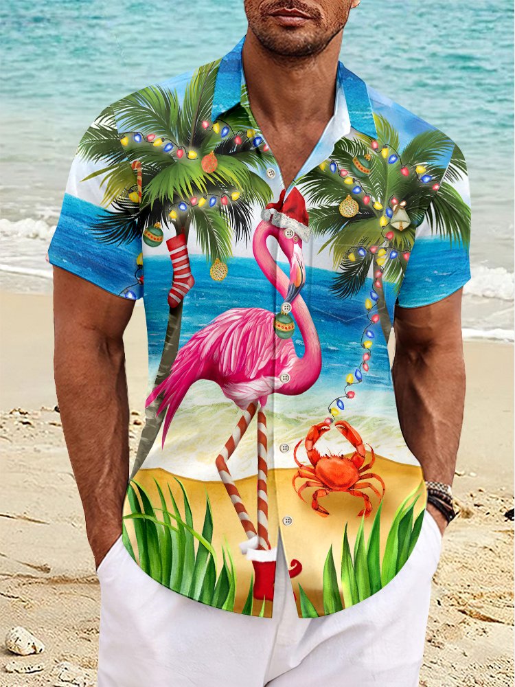 JoyMitty Christmas Lights Flamingo Coconut Tree Print Beach Men's Hawaiian Oversized Shirt with Pockets