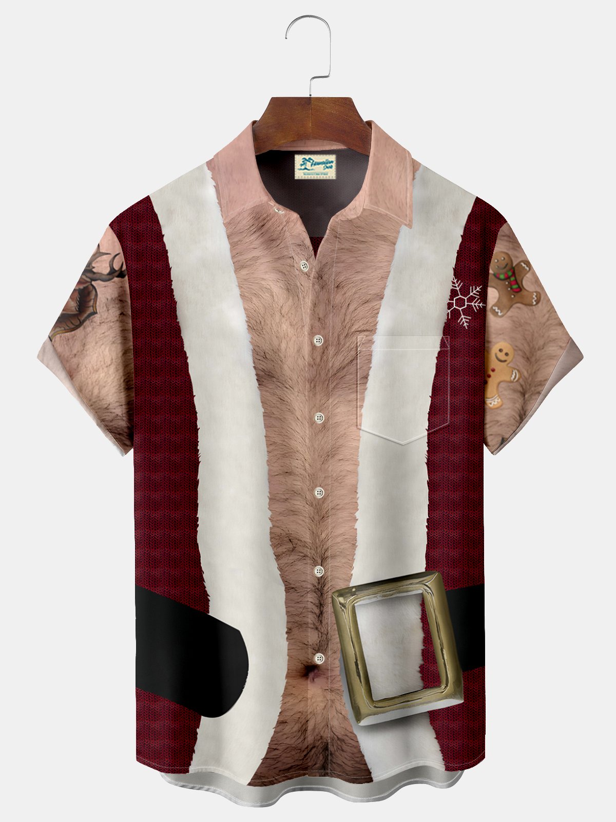 JoyMitty Fat Santa Print Beach Men's Hawaiian Oversized Shirt with Pockets
