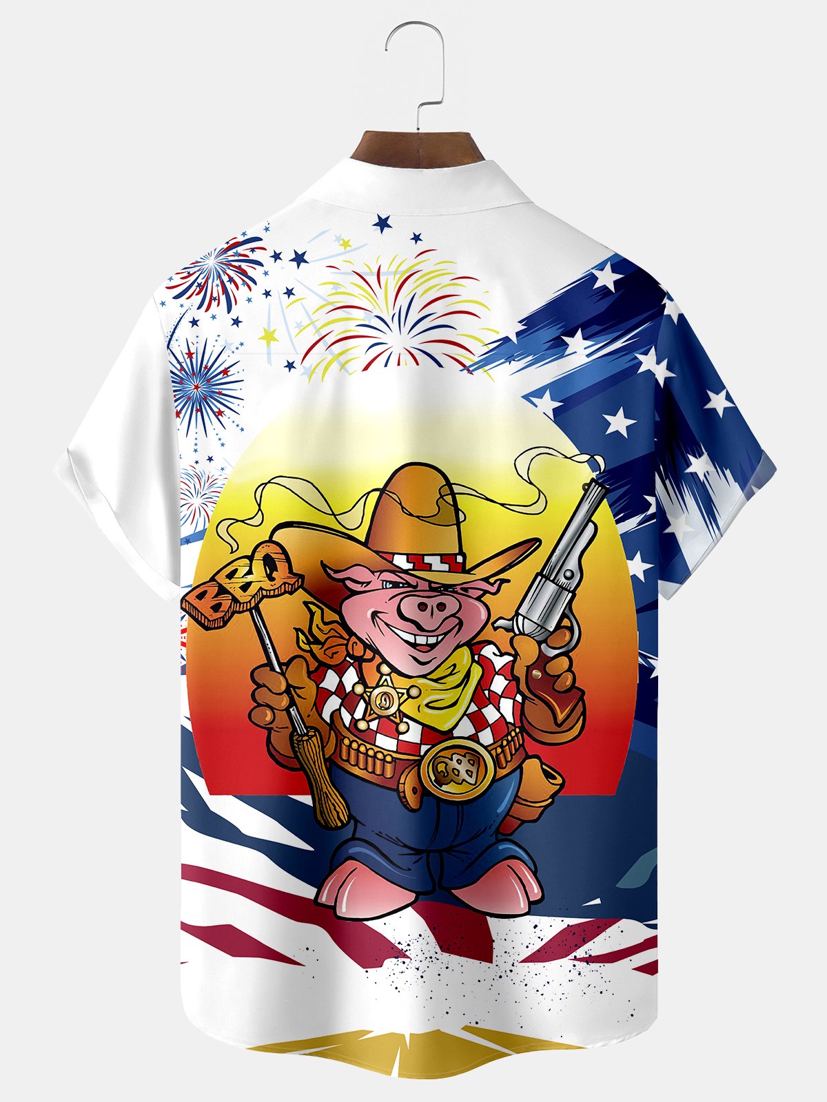 JoyMitty Flag Western Cowboy Bbq Pig Print  Men's Hawaiian Oversized Shirt with Pockets