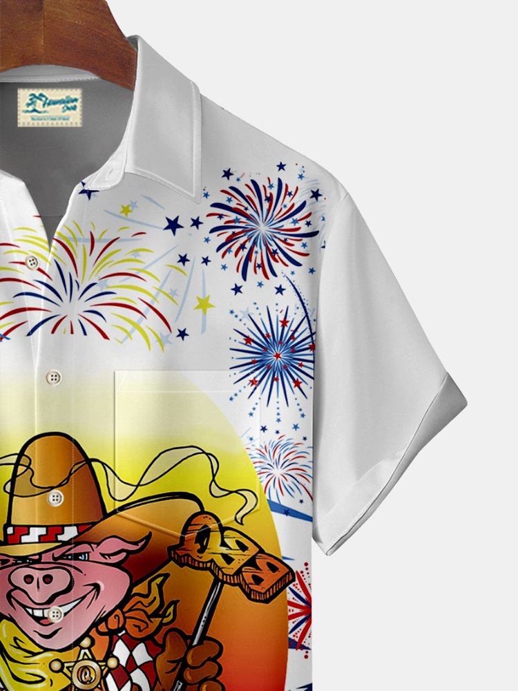 JoyMitty Flag Western Cowboy Bbq Pig Print  Men's Hawaiian Oversized Shirt with Pockets
