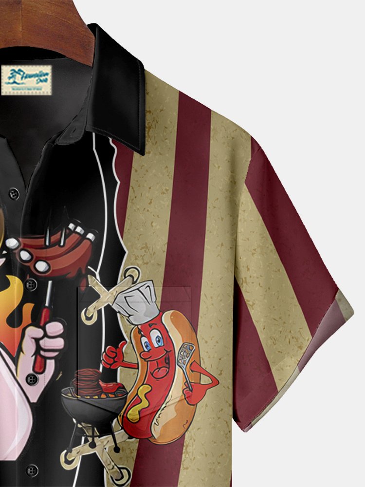 JoyMitty Flag BBQ Pig Print Men's Hawaiian Oversized Shirt with Pockets