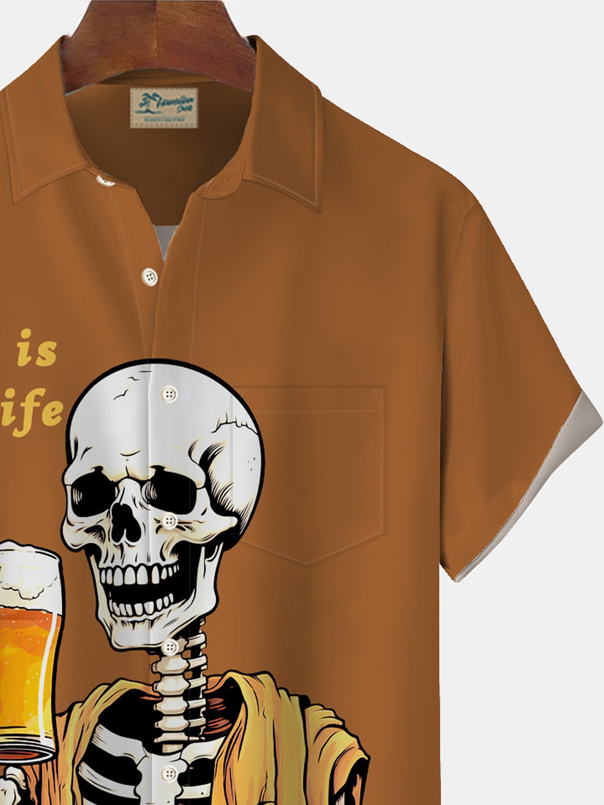JoyMitty Halloween Skull Beer Print Men's Button Pocket Short Sleeve Shirt