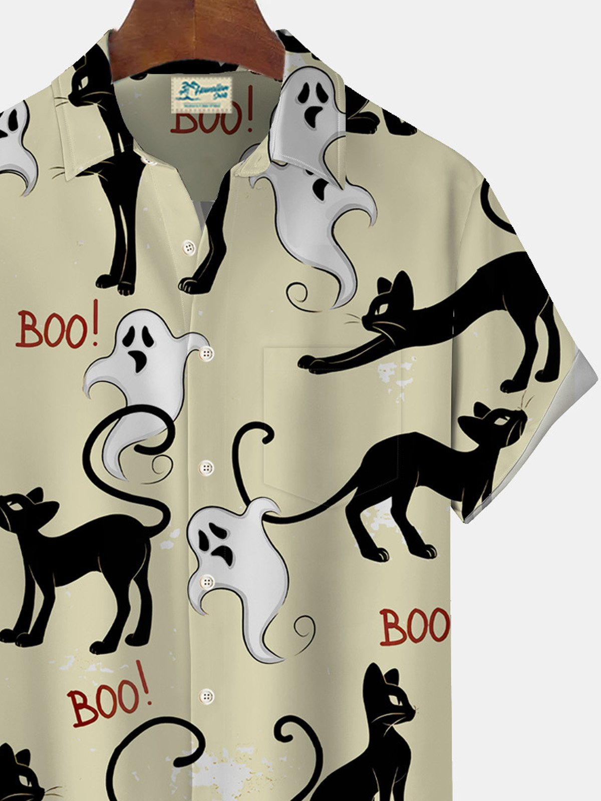 JoyMitty Halloween Cat Ghost Print Men's Button Pocket Short Sleeve Shirt