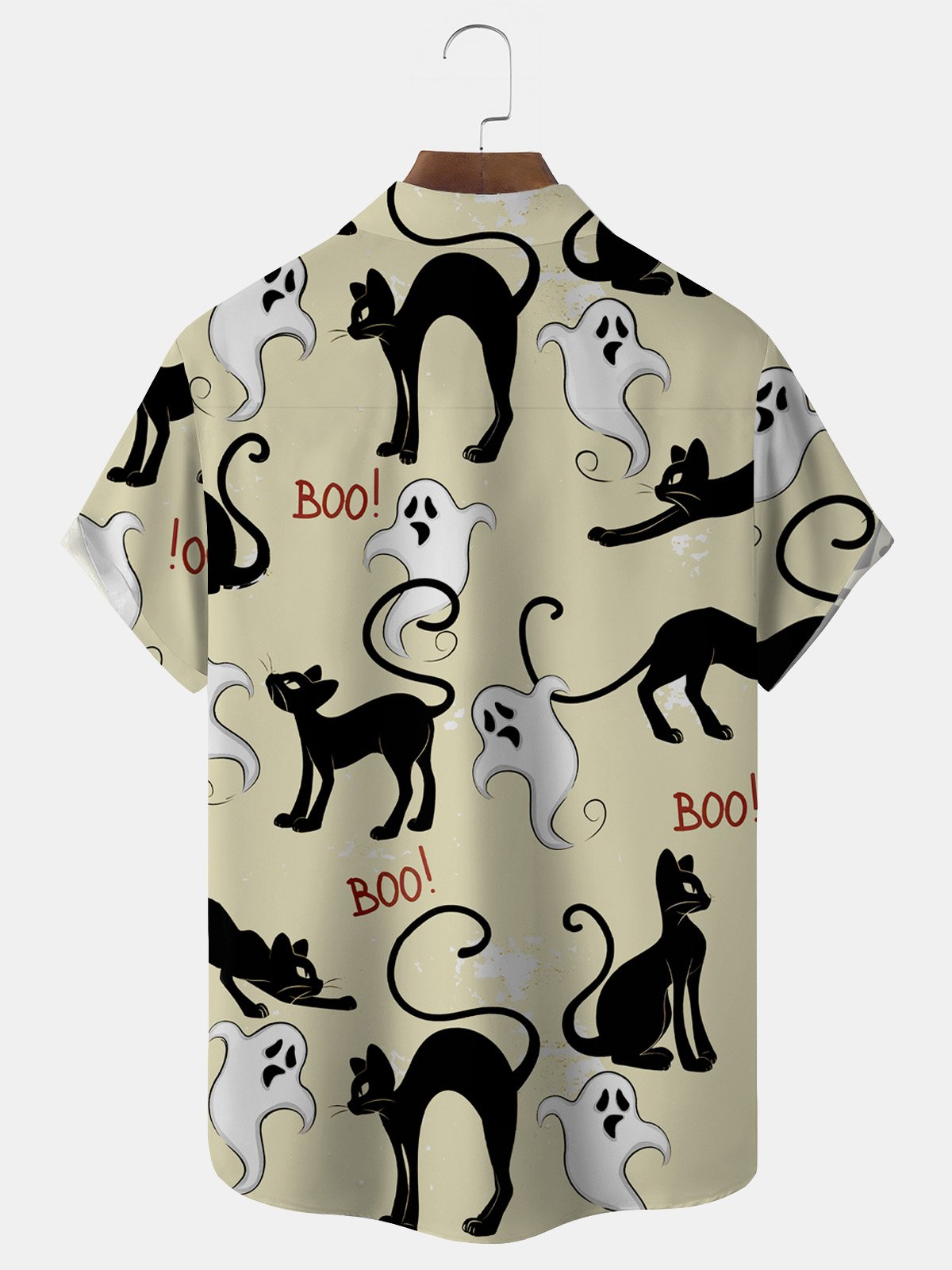 JoyMitty Halloween Cat Ghost Print Men's Button Pocket Short Sleeve Shirt