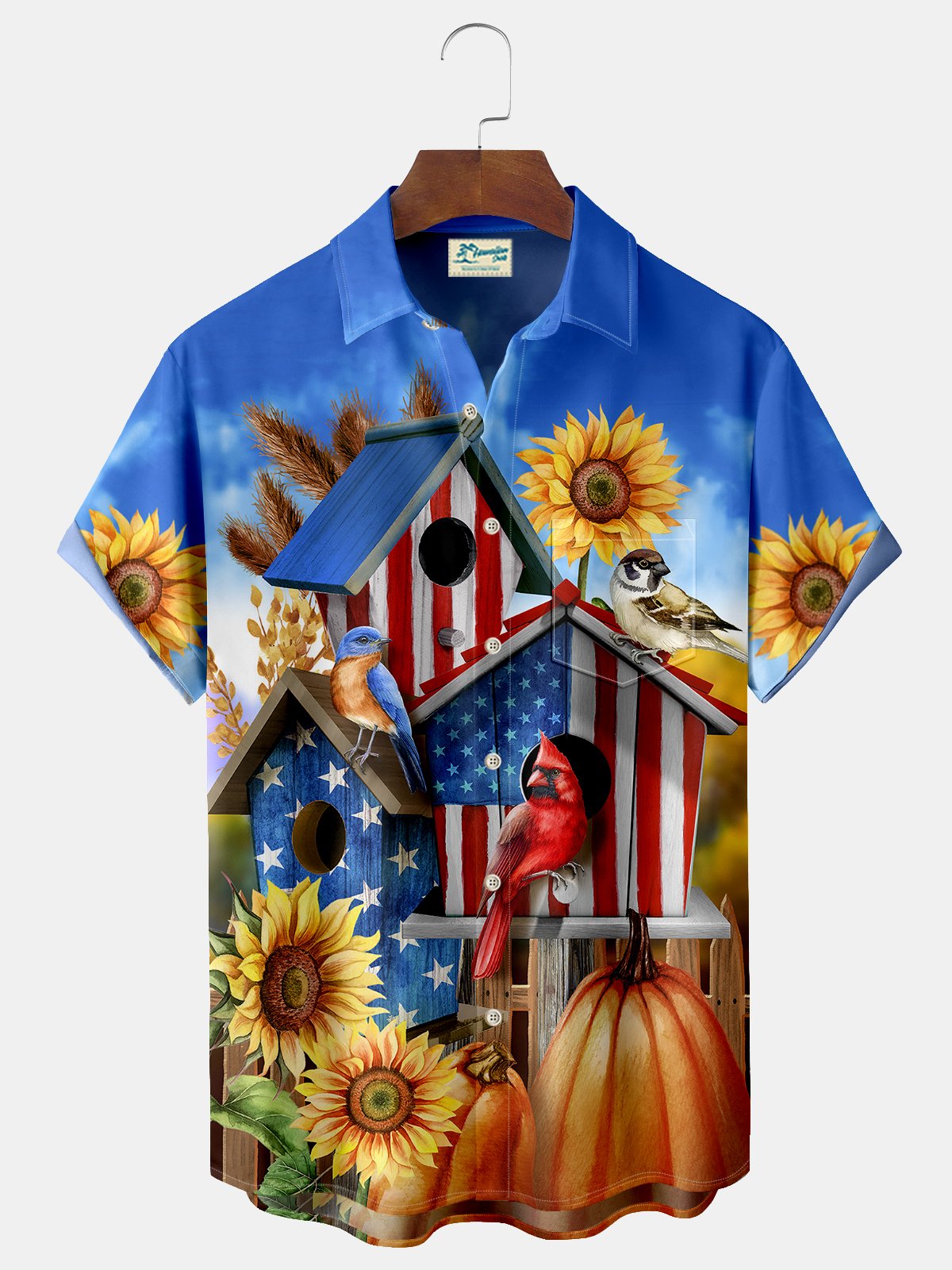 JoyMitty Parrot Pumpkin Print Men's Hawaiian Oversized Shirt with Pockets