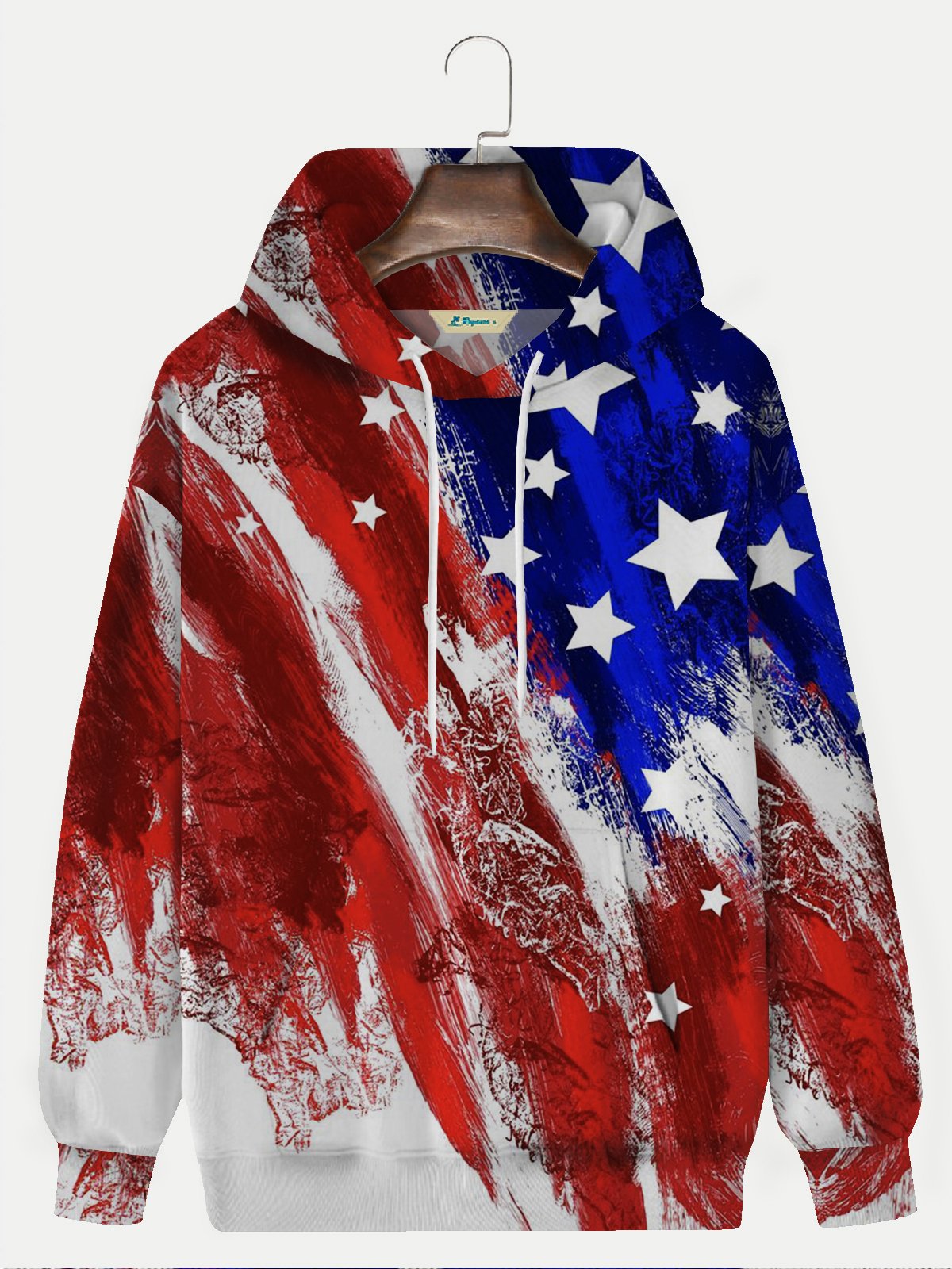 JoyMitty American Flag Casual Red Men Hoodies Star Art Gradient Oversized Stretch Knit Pullover Sweatshirts