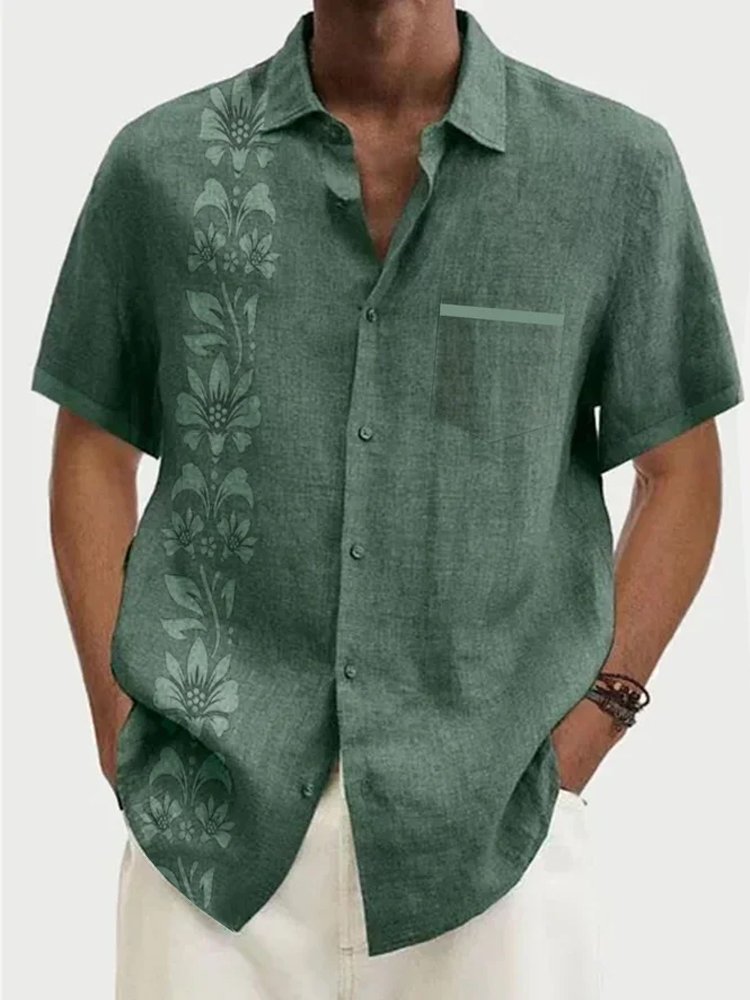 Men's Vintage Floral Print Cotton Linen Short Sleeve Bowling Shirt