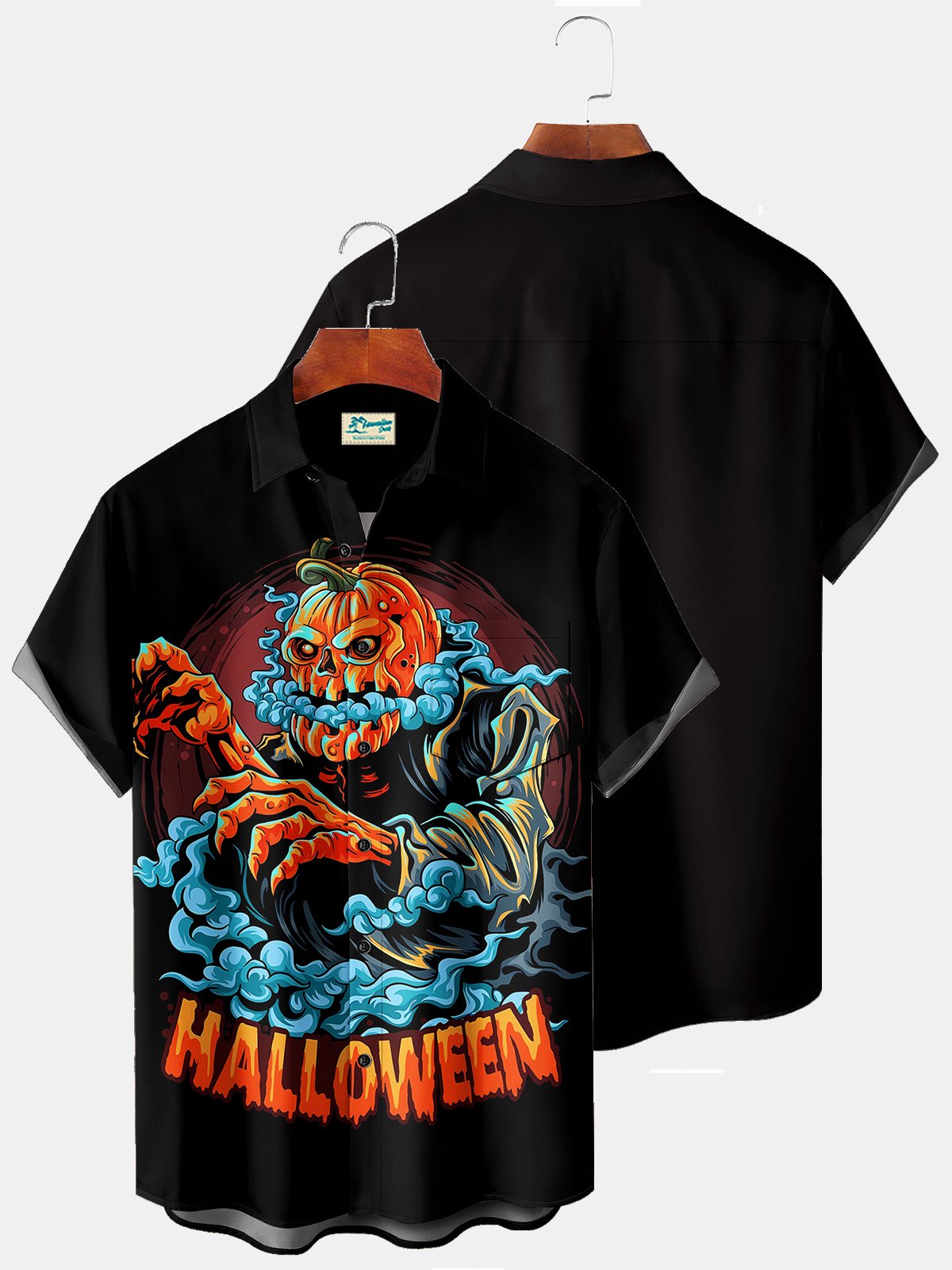 Halloween Pumpkin Monster Black Men's Casual Shirts Stretch Oversized Aloha Camp Button Down Shirts