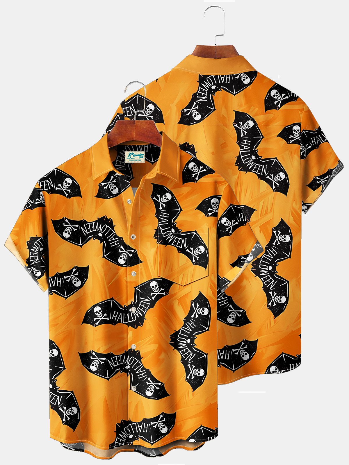Halloween Orange Men's Hawaiian Shirts Pumpkin Monster Bat Stretch Plus Size Aloha Camp Button-Down Shirts