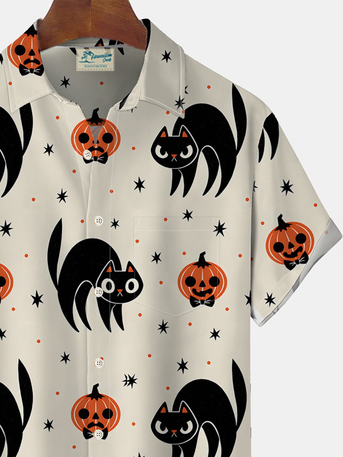 Halloween Pumpkin Ghost Print Men's Button Pocket Short Sleeve Shirt