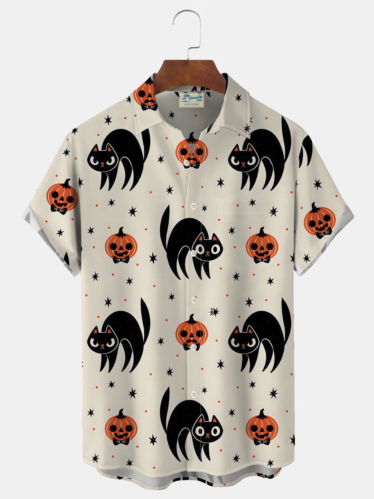 Halloween Pumpkin Ghost Print Men's Button Pocket Short Sleeve Shirt