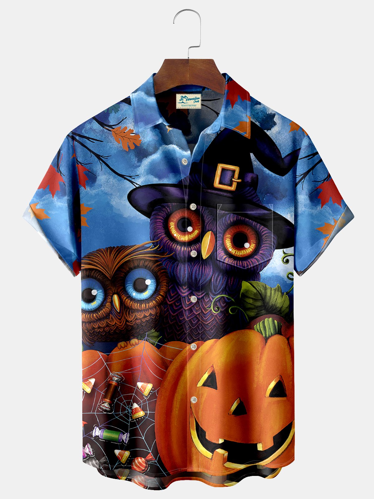 Halloween Owl Pumpkin Print Men's Hawaiian Oversized Shirt with Pockets