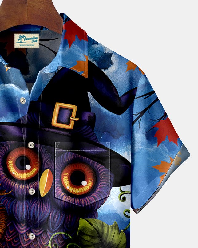 Halloween Owl Pumpkin Print Men's Hawaiian Oversized Shirt with Pockets