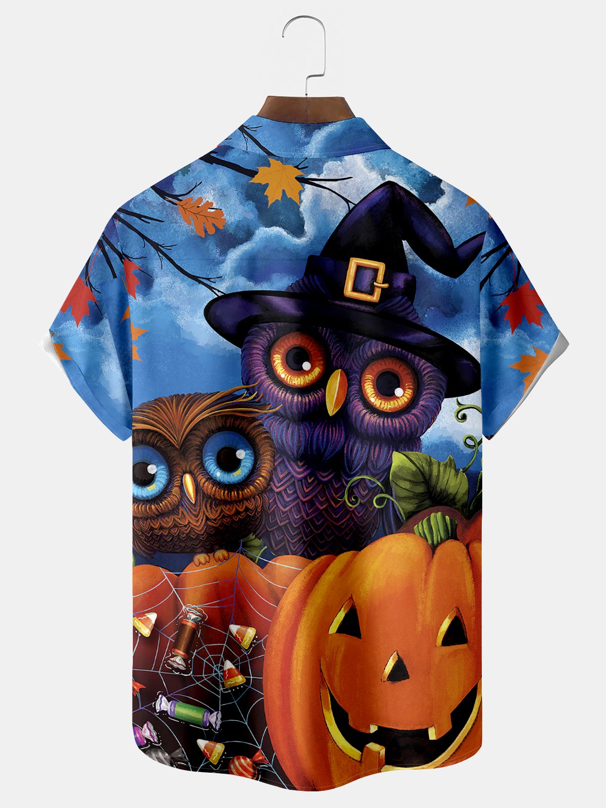 Halloween Owl Pumpkin Print Men's Hawaiian Oversized Shirt with Pockets