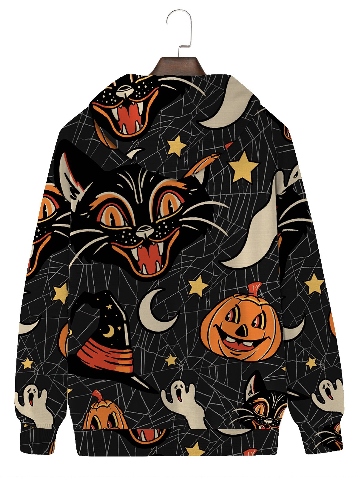 JoyMitty Halloween Cartoon Men's Black Hoodies Black Cat Spider Pumpkin Spooky Fun Plus Size Knit Pullover Sweatshirts