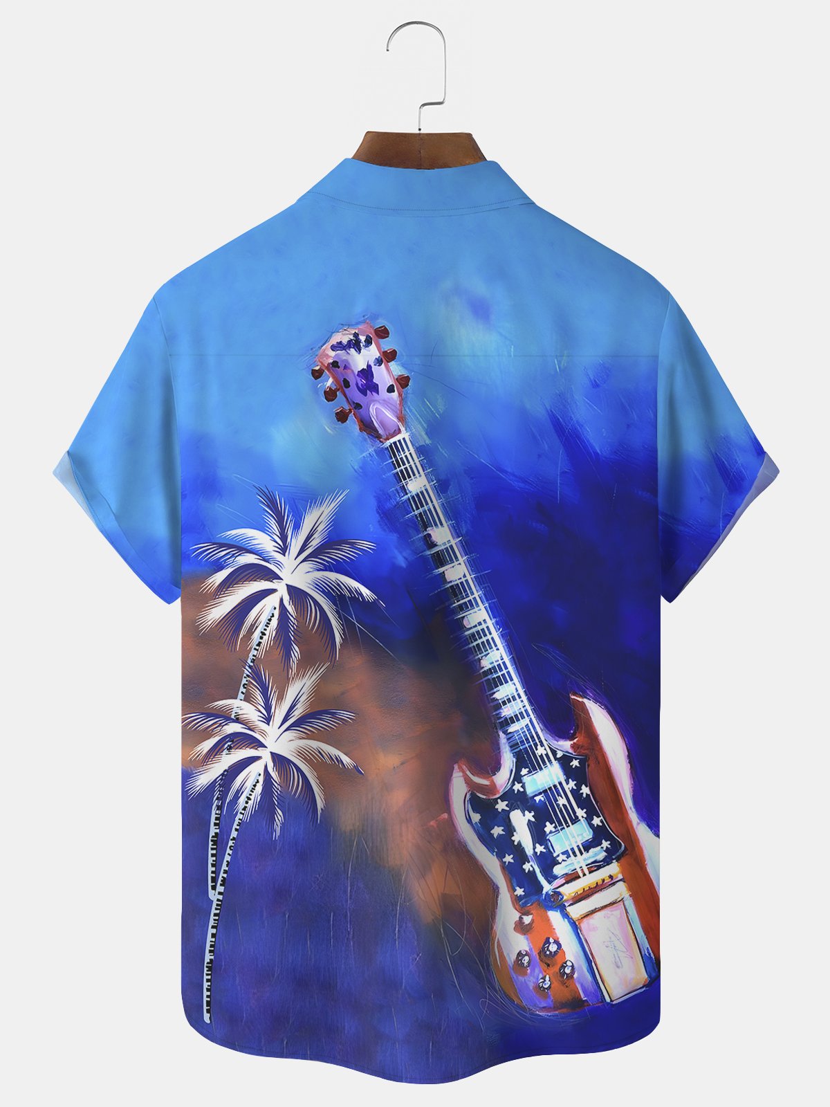 Coconut Tree Flag Guitar Print Beach Men's Hawaiian Oversized Long Sleeve Shirt with Pockets