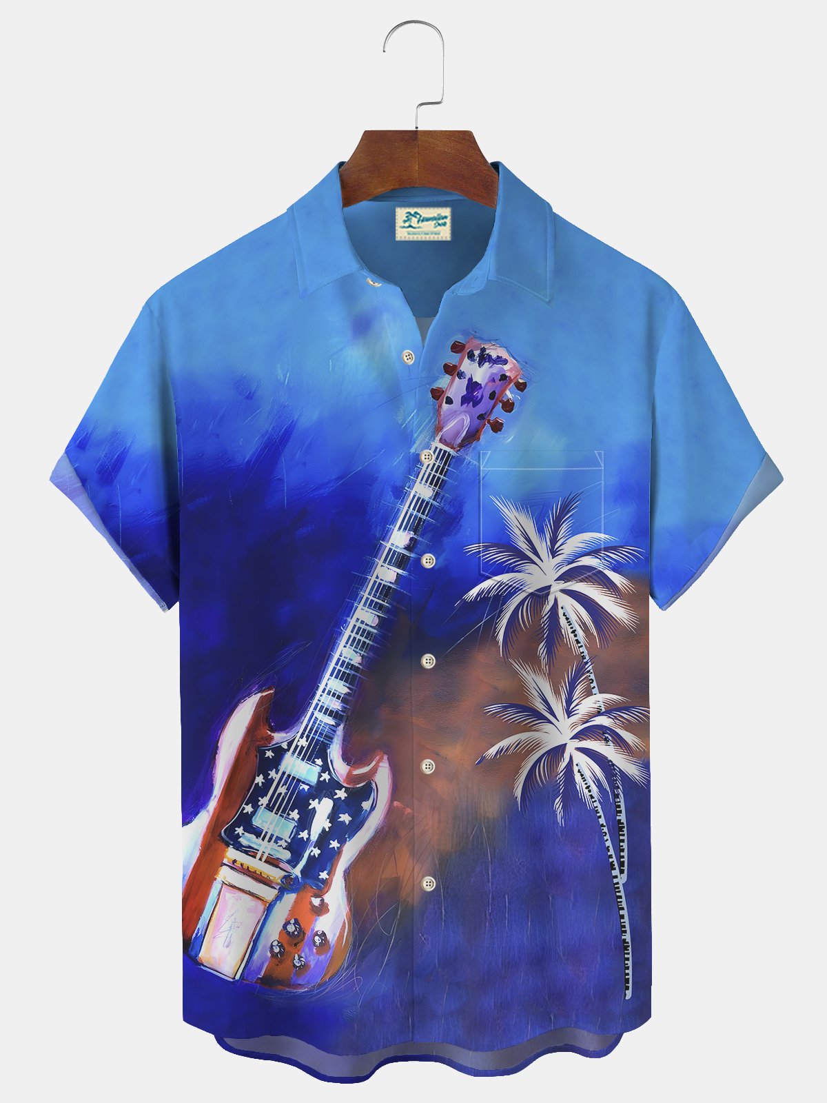 Coconut Tree Flag Guitar Print Beach Men's Hawaiian Oversized Long Sleeve Shirt with Pockets