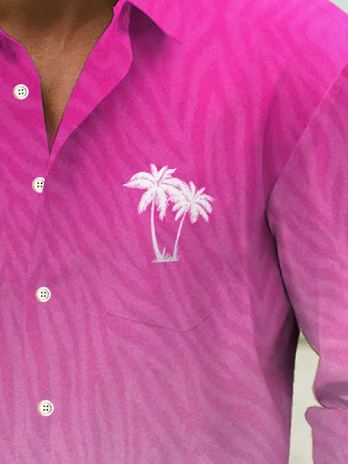 JoyMitty Hawaii Barbie Pink Coconut Tree Print Men's Button Pocket Long Sleeve Shirt