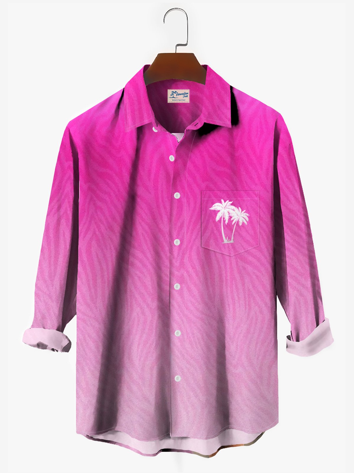 JoyMitty Hawaii Barbie Pink Coconut Tree Print Men's Button Pocket Long Sleeve Shirt