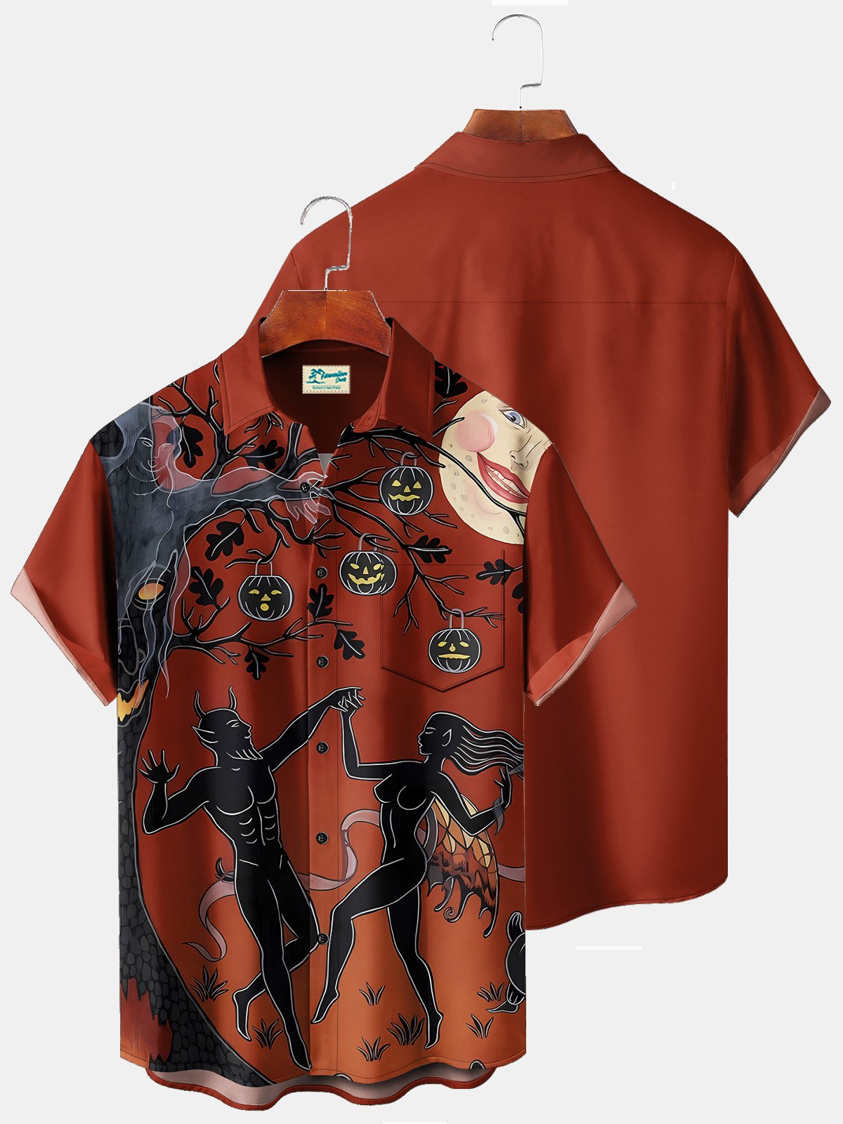 Holiday Red Halloween Men's Hawaiian Shirts Ghost Cartoon Art Pumpkin Moon Stretch Plus Size Aloha Camp Shirts