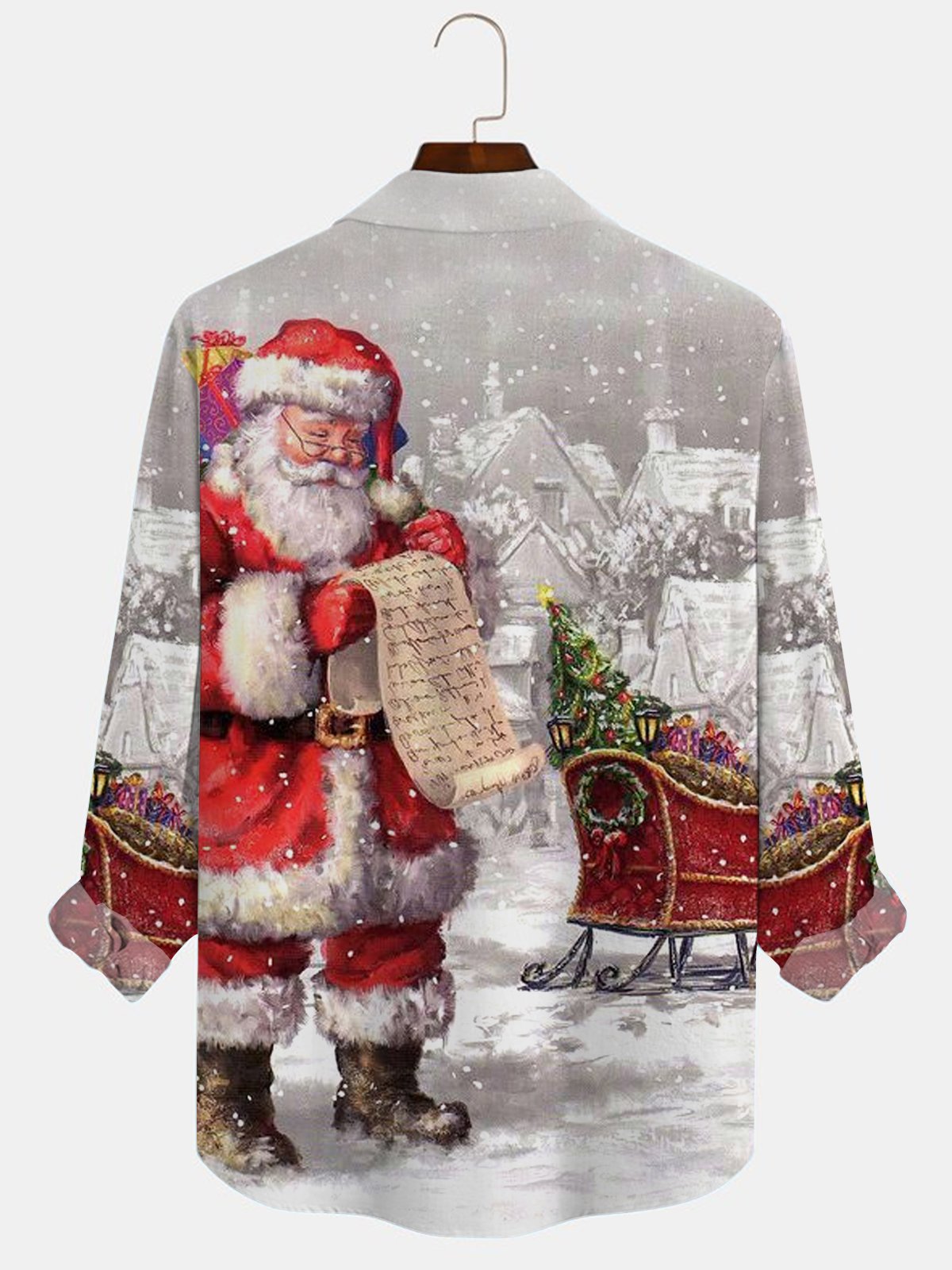 JoyMitty Christmas Santa Print Casual Men's Hawaiian Vacation Oversized Long Sleeve Shirt