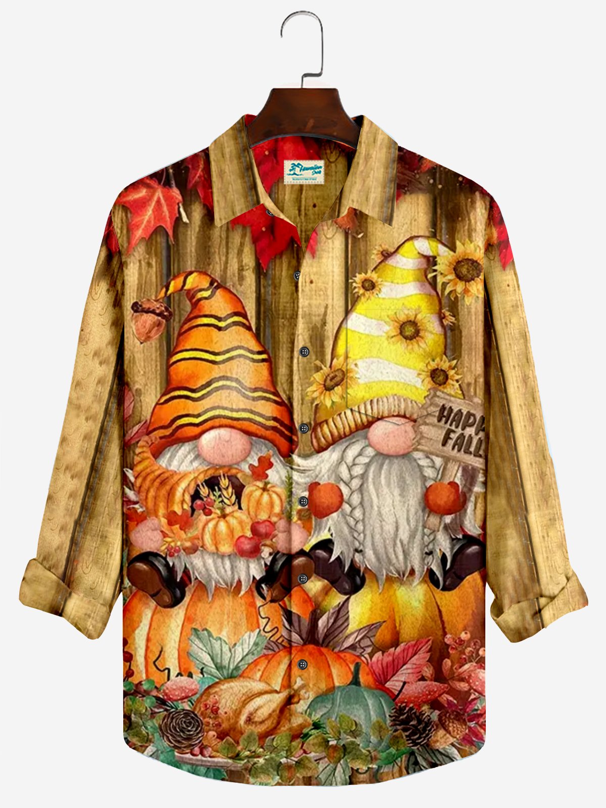 JoyMitty Happy Fall Gnomes PumpkinsThanksgiving Day  Print  Men's Hawaiian Oversized Longsleeve Shirt with Pockets