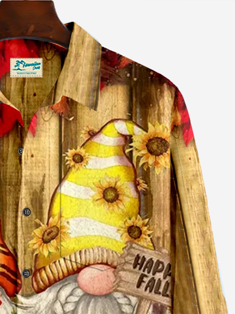 JoyMitty Happy Fall Gnomes PumpkinsThanksgiving Day  Print  Men's Hawaiian Oversized Longsleeve Shirt with Pockets