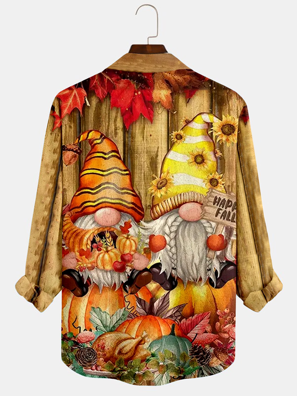 JoyMitty Happy Fall Gnomes PumpkinsThanksgiving Day  Print  Men's Hawaiian Oversized Longsleeve Shirt with Pockets