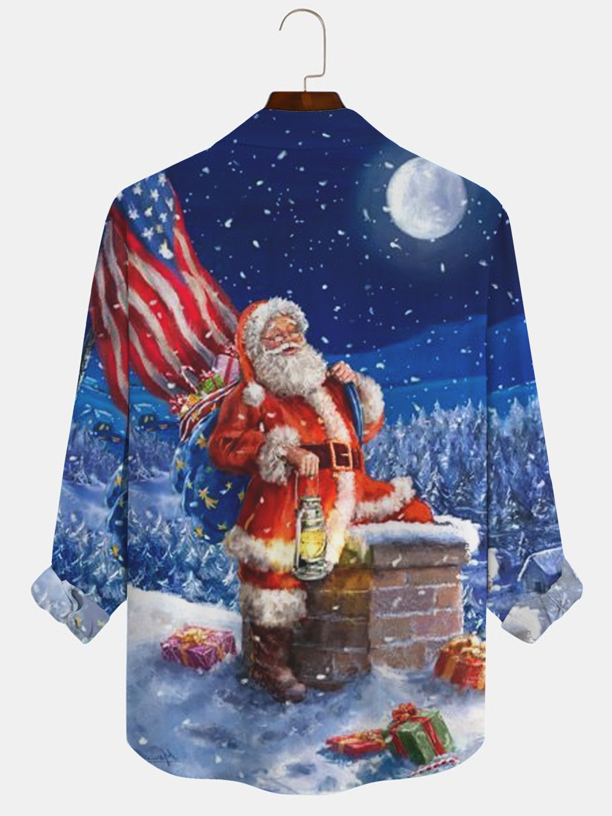 JoyMitty Christmas Santa Print Casual Men's Hawaiian Vacation Oversized Long Sleeve Shirt