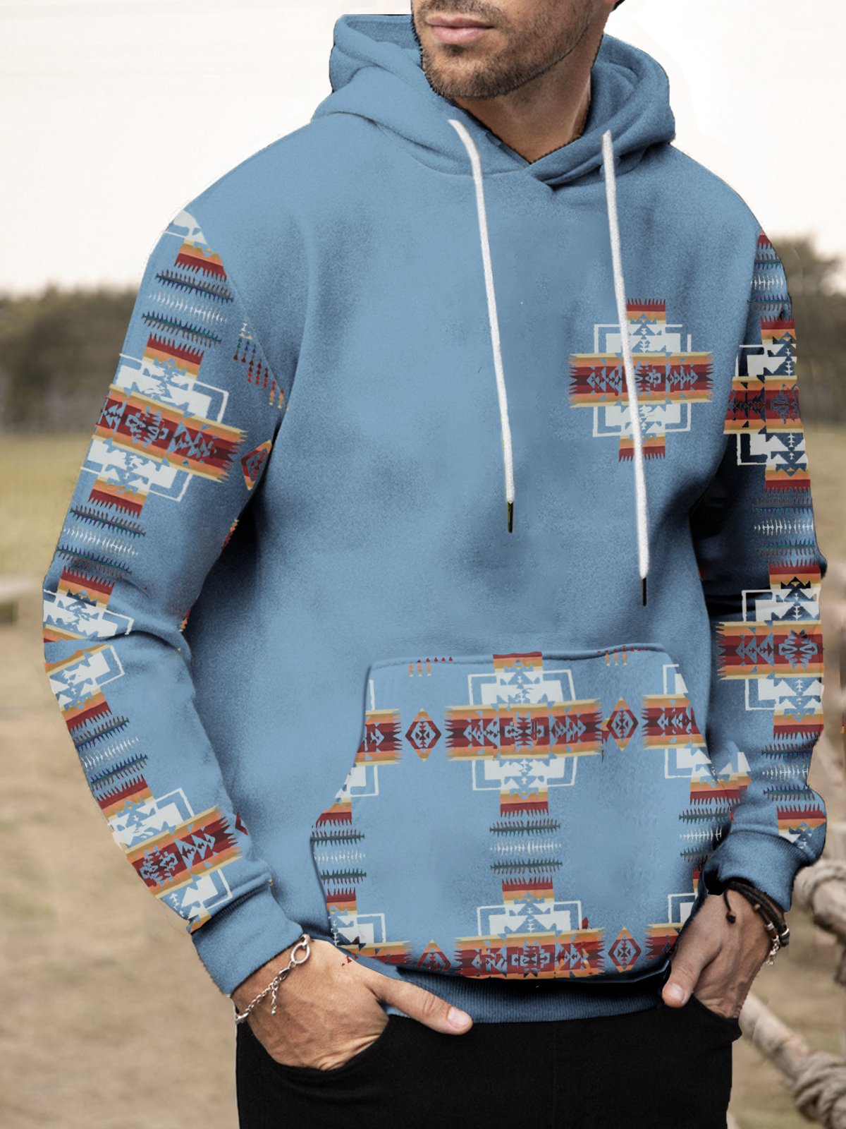 JoyMitty Men's Western Aztec Drawstring Hoodies