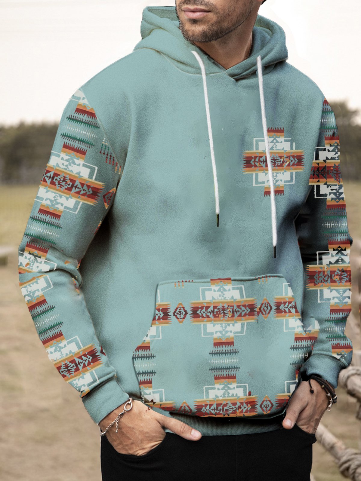 JoyMitty Men's Western Aztec Drawstring Hoodies