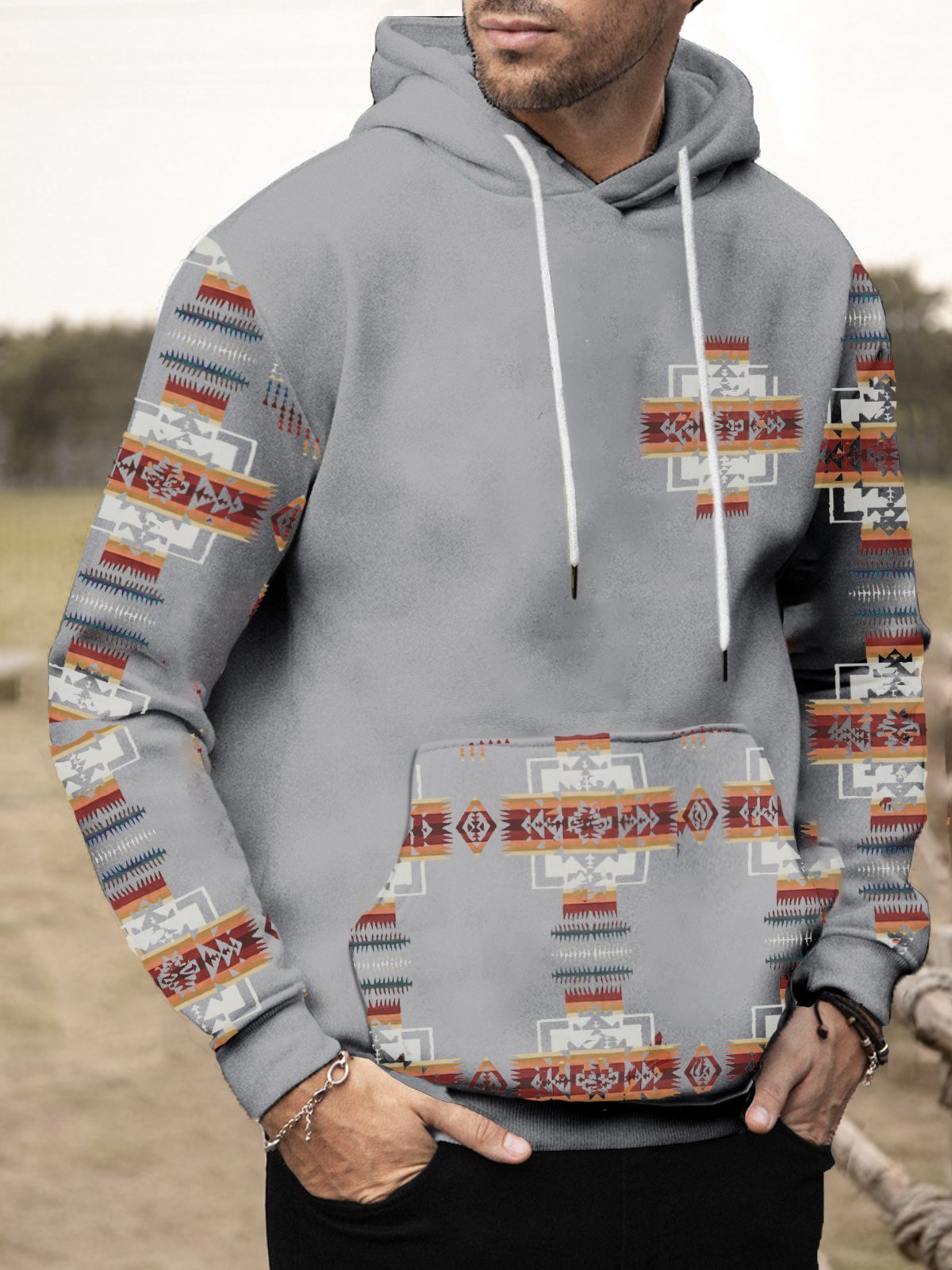 JoyMitty Men's Western Aztec Drawstring Hoodies