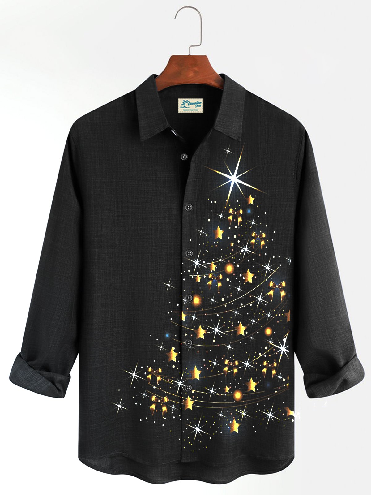 JoyMitty Christmas Black Men's Long Sleeve Shirts Glitter Gold Christmas Tree Stretch Oversized Button Shirts