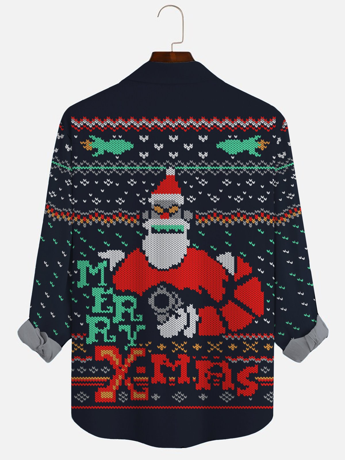 JoyMitty Christmas Holiday Navy Long Sleeve Casual Shirts Santa Claus Cartoon Art Camp Button Shirts