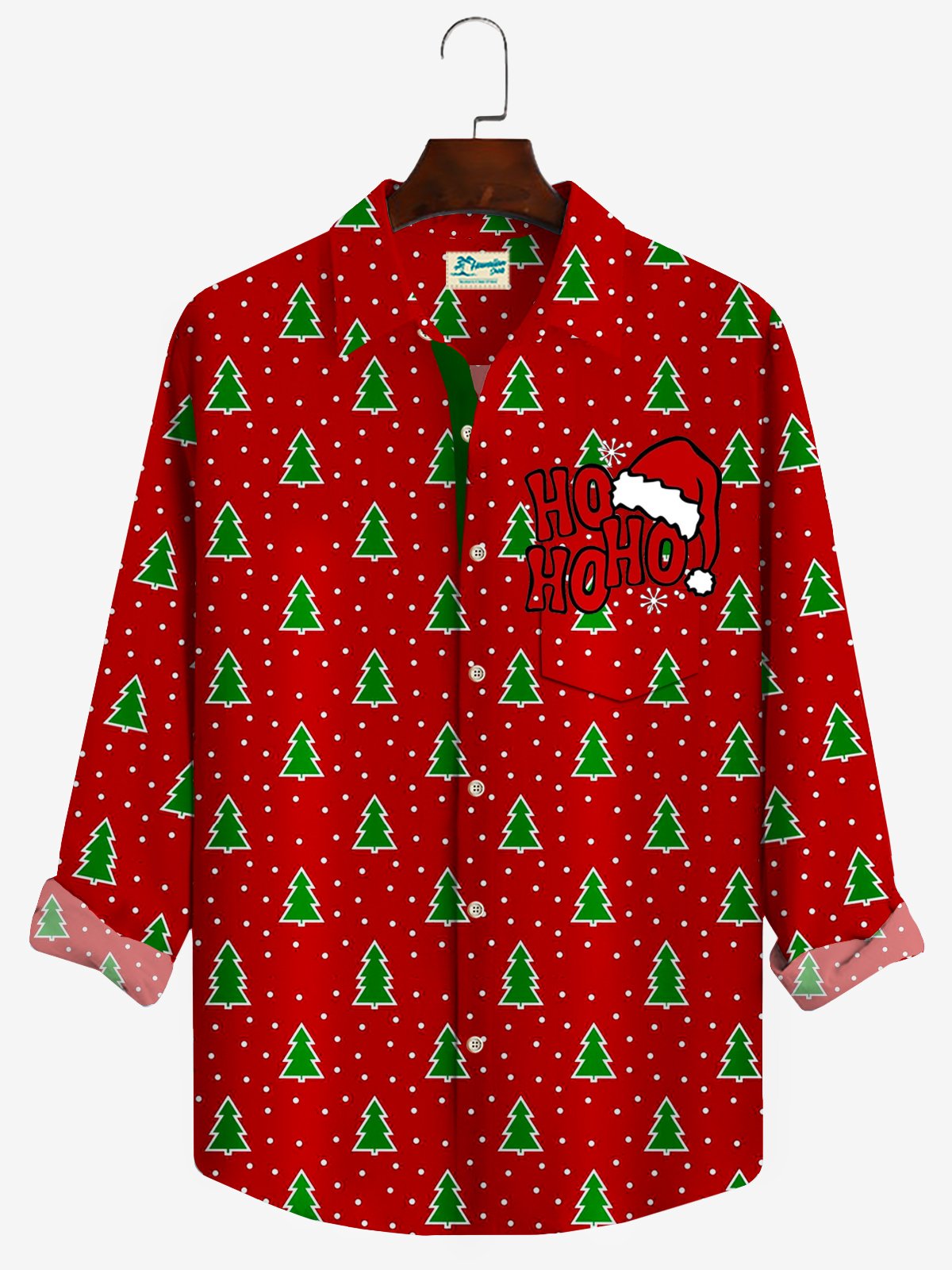 JoyMitty Christmas Red Men's Long Sleeve Shirts Christmas Tree HOHOHO Cartoon Art Camp Button Shirts