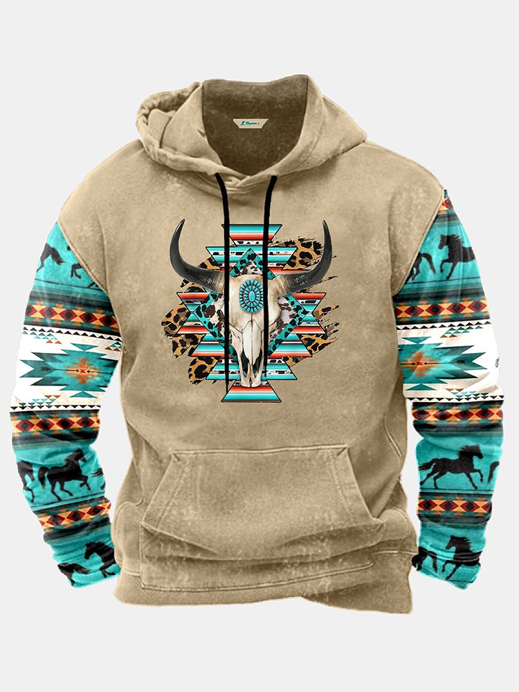 JoyMitty Men's Aztec Western Bull Skull Print Vintage Drawstring Hoodies