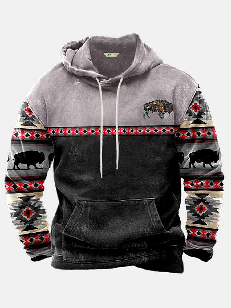 JoyMitty Men's Aztec Native American Bison Print Vintage Drawstring Hoodies