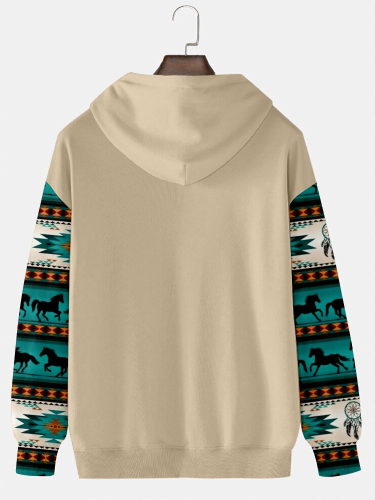 JoyMitty Men's Aztec Western Bull Skull Print Vintage Drawstring Hoodies