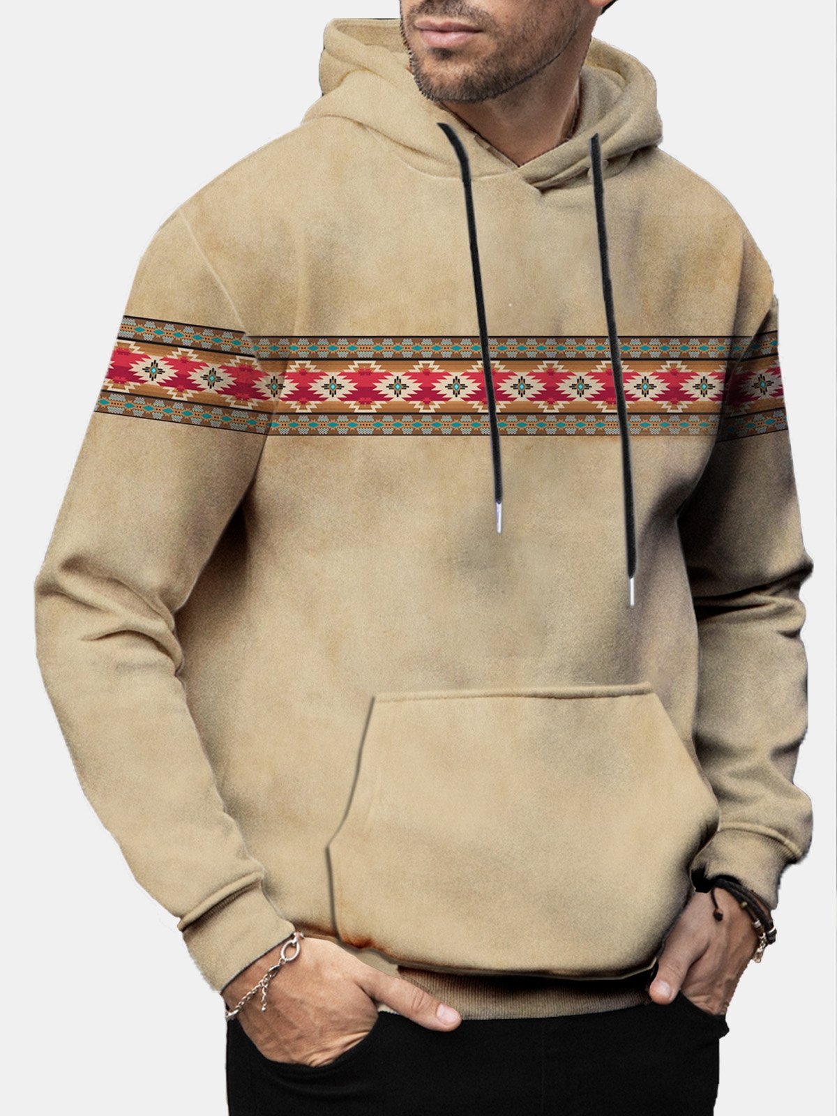 JoyMitty Men's Aztec Print Basic Drawstring Hoodie