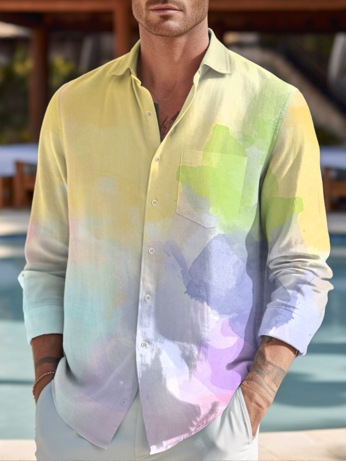 JoyMitty Ombre Print Beach Men's Hawaiian Oversized Long Sleeve Shirt with Pockets