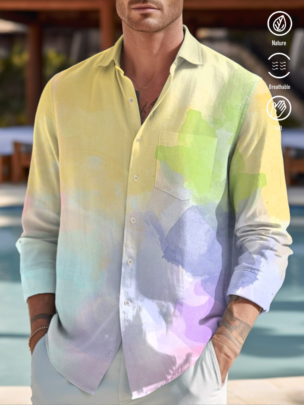 JoyMitty Ombre Print Beach Men's Hawaiian Oversized Long Sleeve Shirt with Pockets