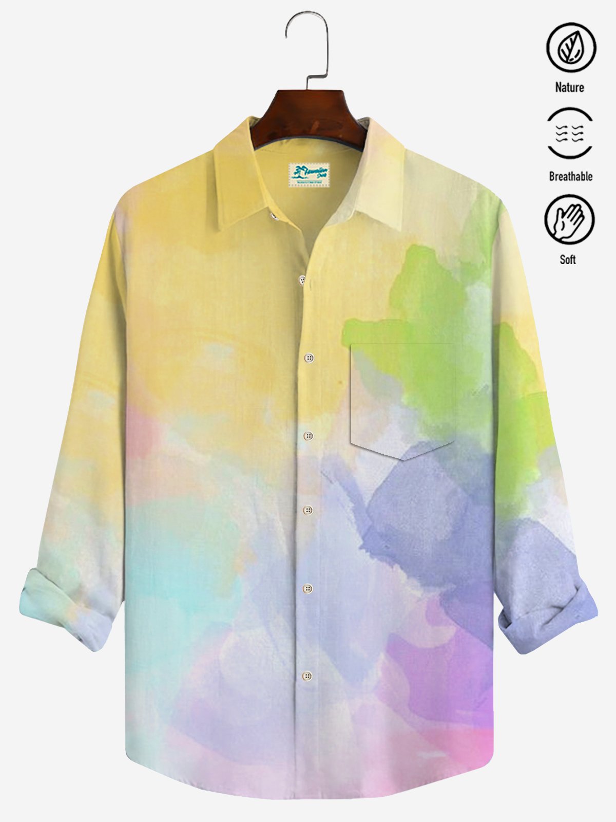 JoyMitty Ombre Print Beach Men's Hawaiian Oversized Long Sleeve Shirt with Pockets