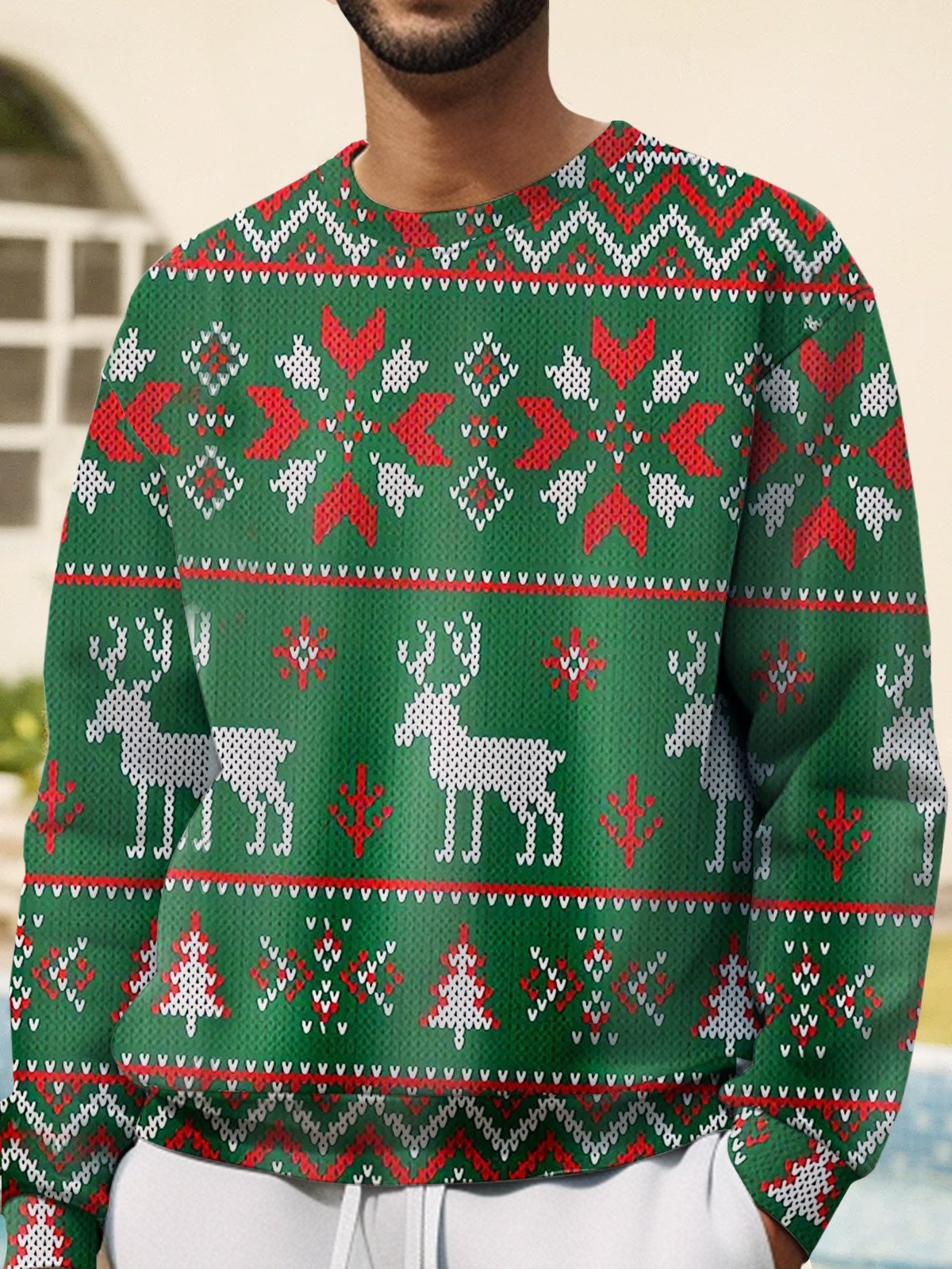 JoyMitty Men's Christmas Sika Deer Print Crew Neck Sweatshirt